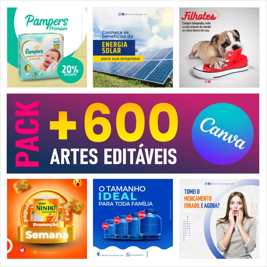 amostra dos templates do pack Canva com 600 artes editáveis para comércio e marketing