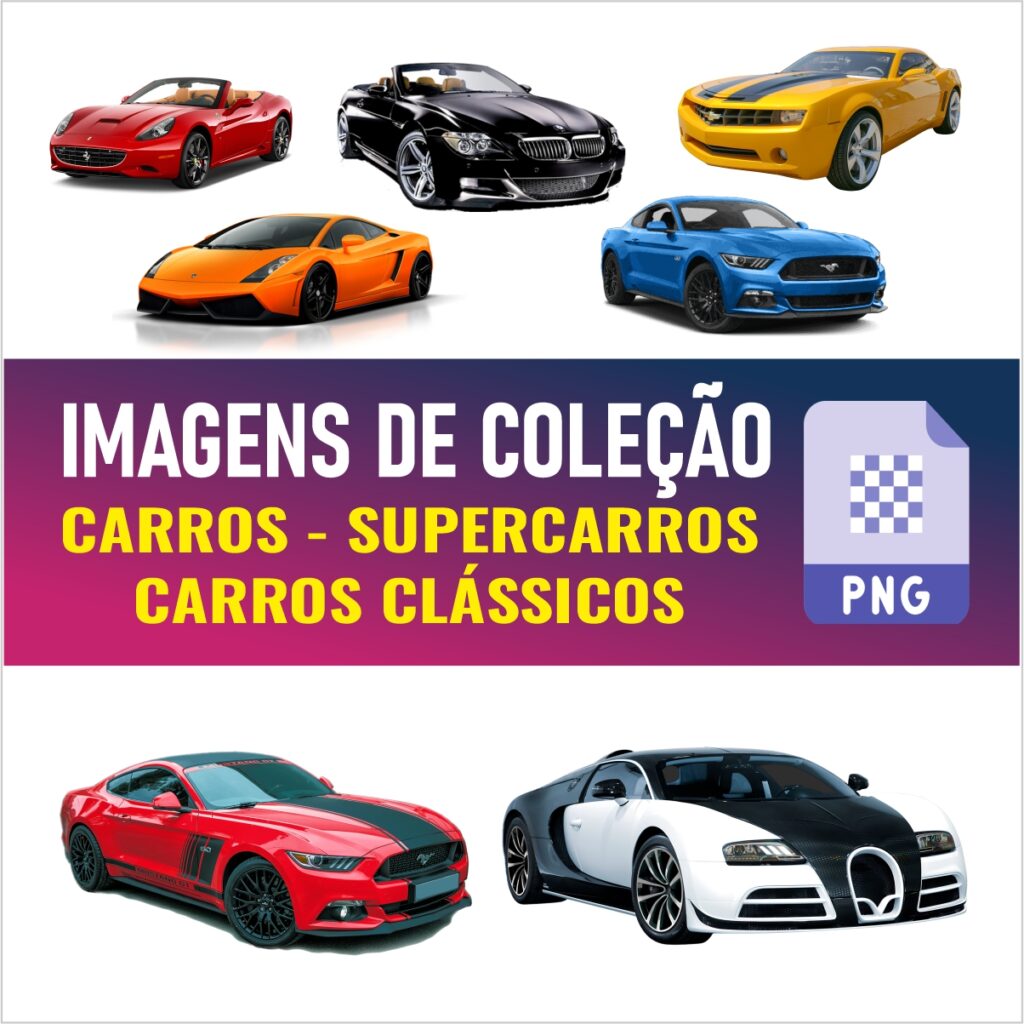 Imagens que compõe o kit de 600 imagens de carros classicos e carrões em fundo transparente (png)