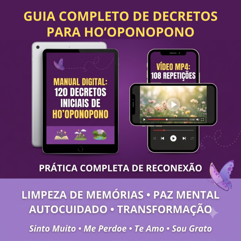 imagen do produto digital que é um ebook com 120 decretos de ho'oponopono e um video em mp4 com 108 repetições das 4 frases sagradas