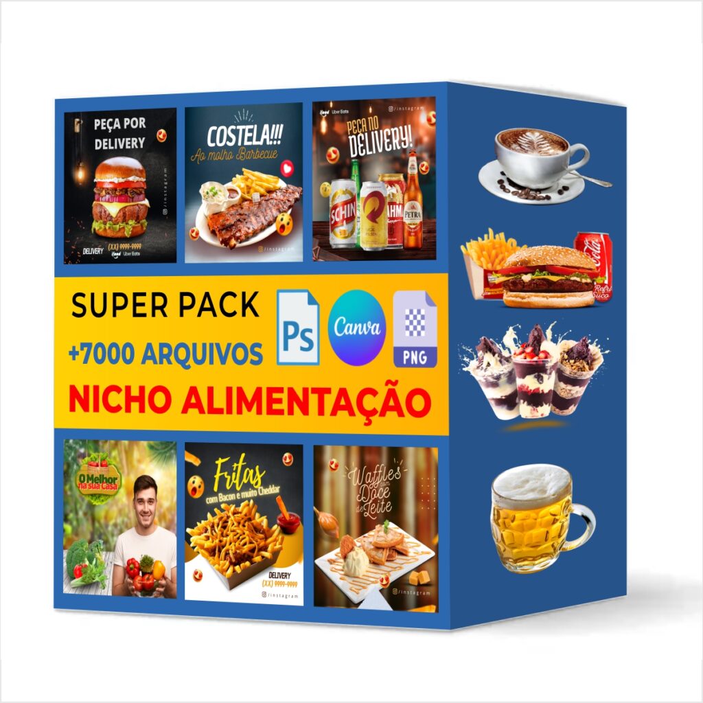 mockup de produto "Mega Kit de Templates Editáveis (Canva e Photoshop) + Imagens PNG e JPG | Nicho Alimentação" com imagens do produto que está a venda na lija virtual Portal dos Infoprodutos