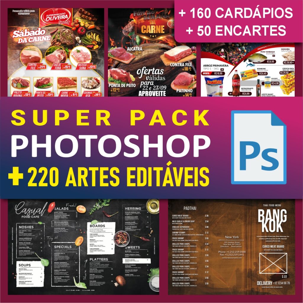 Pack com 220 artes editáveis no Photoshop de cardápios e encartes.